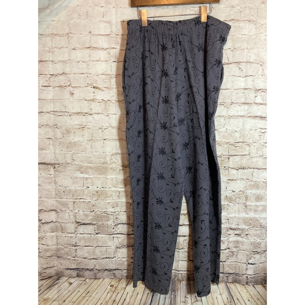 Christy Allen Pants Women Large Gray Floral Vines Embroidered Lightweight Pocket